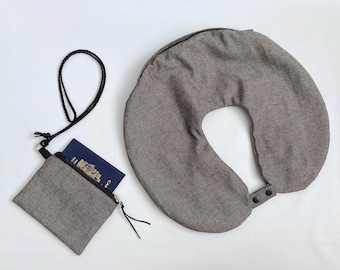 2er Set - Reise-Nackenkissentasche mit Reißverschluss & Reisepasshülle, Reise-Nackenkissen-Stuffer - Schwarz weiß