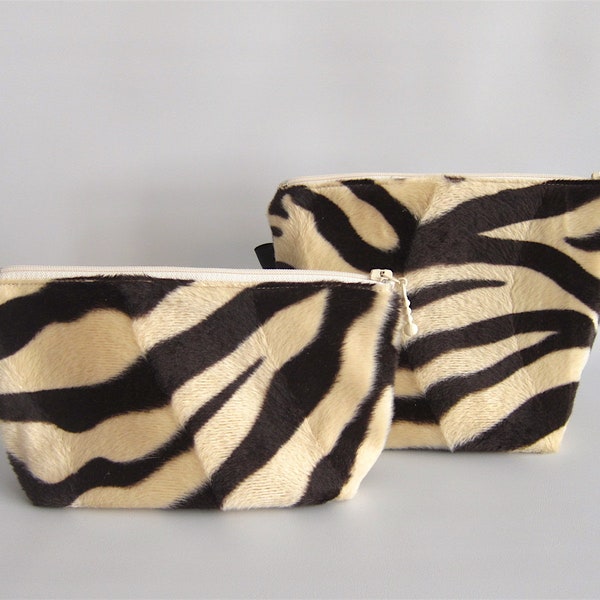 Set of 2 - Zebra skin cosmetic bag, zebra skin cosmetic pouch, zebra skin toiletry bag, zebra skin travel bag