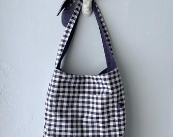 Bolso boho ajustable, bolso de hombro, bolso cruzado, bolso mensajero, bolso tote, bolso de mercado - Cuadros azul marino y blanco