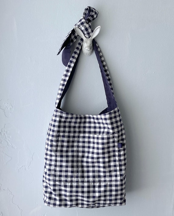 Adjustable boho bag, shoulder tote bag, crossbody bag, messenger bag, tote bag, market bag - Navy white checker