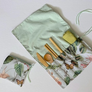 Set of 2 - Cutlery wrap, utensils wrap, Zero waste cutlery pouch, eco-friendly reusable cutlery wrap - Floral butterfly