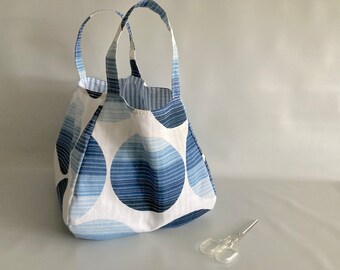 Cubic origami errands bag, origami tote bag, fabric market tote bag, basket market bag, toys storage bag, grocery bag - Blue circles