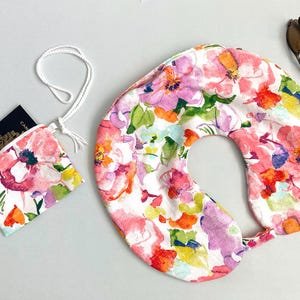Set of 2 - Travel neck pillow bag with zipper & passport case, travel neck pillow stuffer - Colourful floral on white