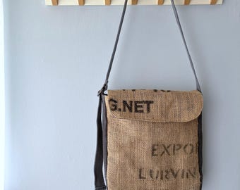 Bolso hombro mensajero, bolso urbano de yute, bolso bandolera, bolso minimalista - Saco de yute reciclado de café Honduras