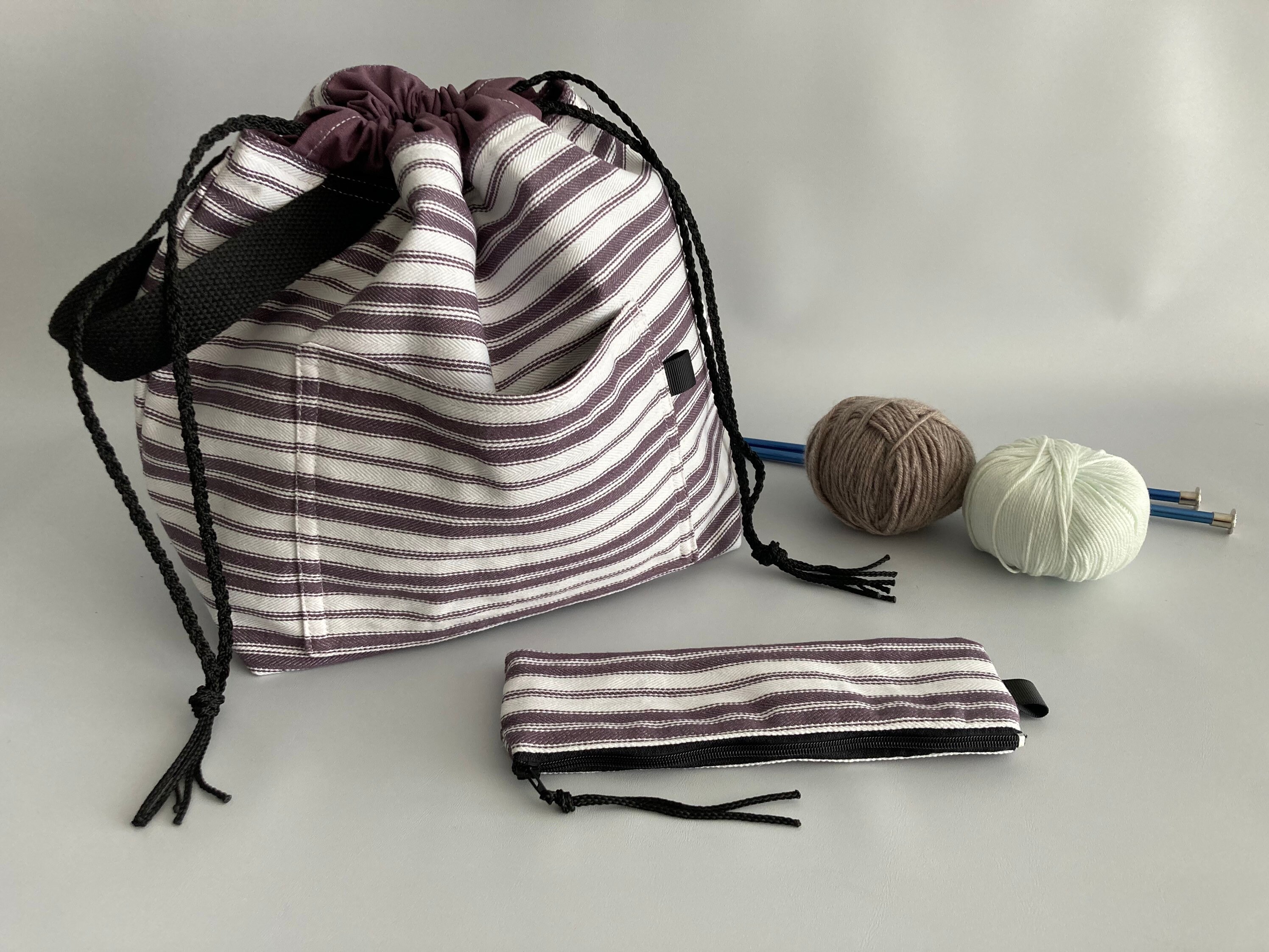 White on grey knitter bag Set of 2 Drawstring Knitting bag with pouch yarn bag with matching pouch White on grey knitter bag Set of 2 Drawstring Knitting bag with pouch yarn bag with matching pouch