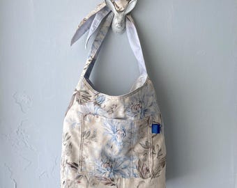 Bolso bohemio ajustable, bandolera, bandolera, bolso tote, bolso de mano - Floral azul sobre beige