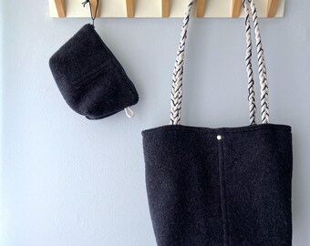 Conjunto de 2 - Bolso de mercado de lana náutico y estuche a juego, bolso de lana, bolso de hombro, bandolera - azul marino