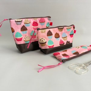 Set of 3 - Pink cupcake toiletry bag, pink cupcake travel bag, pink cupcake cosmetic pouch, cupcake cosmetic bag, pink cupcake makeup bag