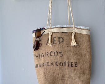 Bolsa de yute de arpillera reciclada sostenible, bolsa de playa de yute con granos de café de Honduras, saco de arpillera reciclada con granos de café de Honduras, patchwork.