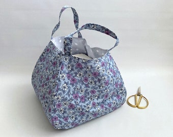 Cubic origami errands bag, origami tote bag, floral market bag, basket market bag, toys storage bag, grocery bag -Purple blue floral foliage