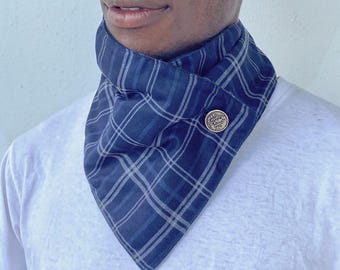 Man scarf, man snood, man cowl scarf - Navy and grey tartan plaid