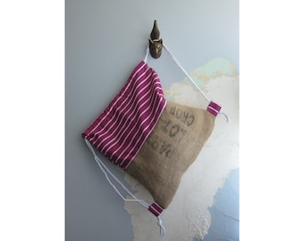 Jute drawstring bag, burlap backpack bag, burlap project bag - Nautical magenta