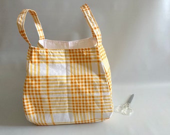 Origami cubic errands bag, origami tote bag, fabric market bag, toys storage bag, basket market bag, grocery bag - Yellow-orange white plaid