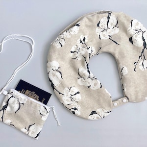 Set of 2 - Travel neck pillow bag with zipper & passport case, travel neck pillow stuffer - White cotton branches on cream