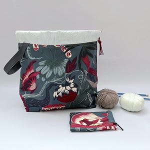 Set of 2 - Drawstring knitting crochet bag + matching case, yarn storage bag, craft project bag - Floral strawberry bird butterflies