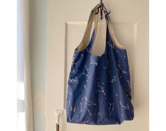 Errands bag, fabric market bag, grocery bag, reusable errands bag, eco-friendly bag - Navy star sky