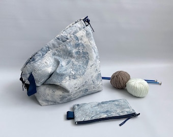 Set of 2 - Drawstring Knitting bag, knitter bag, yarn bag, project bag, matching case - Blue italian marble