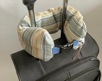 Travel neck pillow bag, travel neck pillow with zipper, travel neck pillow stuffer, empty neck travel pillow - Sage, cream, blue stripes