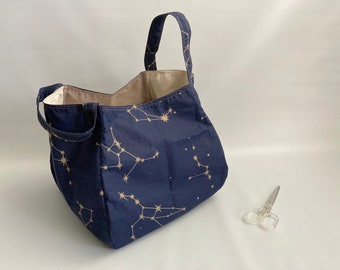 Cubic origami errands bag, origami tote bag, fabric market bag, toys storage bag, basket market bag, grocery bag - Navy star sky