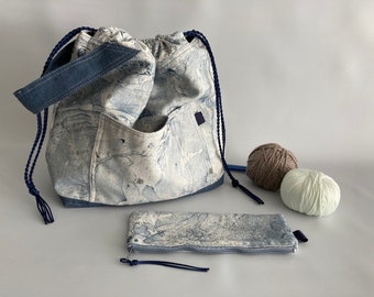 Set of 2 - Drawstring Knitting bag, knitter bag, yarn bag with matching case - Blue italian marble
