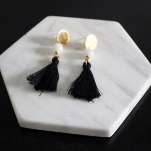 Gold Circle and Black Tassel Earrings