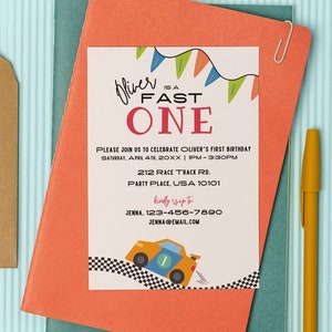 Race Car Birthday, Fast One, First Birthday Theme | Customizable Invite & Itinerary, Instant Download, Editable Canva Template