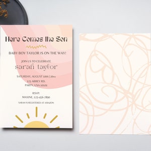 Here Comes the Son Baby Shower Invite, Editable Baby Shower Invitation, Boy Baby Shower, Retro Themed Baby Shower, Fully Editable in Canva