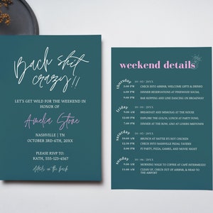 Bach Sh*t Crazy Bachelorette Invitation Template, Green Bachelorette Party Invitation, Minimalist Bachelorette Weekend Itinerary, Canva