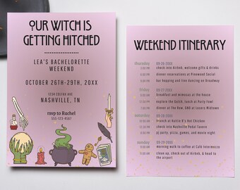 Halloween Bachelorette Invitation: Witch Theme, Customizable Itinerary (Canva Template, Instant Download)