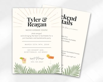 May include: A wedding invitation with a tropical theme. The invitation features a sunset background with palm trees and cocktails. The text reads "Tyler & Reagan Nacho Average Couple" and includes the date and location of the wedding. The RSVP information is also included.