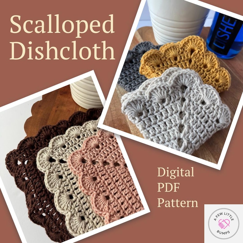 K&ouml;nnte beinhalten: Ein digitales PDF-Muster zum H&auml;keln eines gewellten Geschirrtuchs. Das Muster enth&auml;lt Anleitungen zum Herstellen eines Geschirrtuchs in vier verschiedenen Farben: Braun, Beige, Rosa und Grau. Das Muster kann von der Website "A Few Little Bumps" heruntergeladen werden.