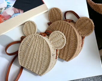 Sac fantaisie en paille Disney, sac à main mignon, sac à bandoulière Mickey, sac de plage, sac de voyage d'été, cadeaux pour filles, sac à bandoulière Mickey