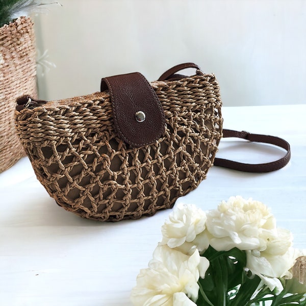 Summer Fashion Straw Shoulder Bags for Women, Crossbody Bag, Female Half Round Purse, Vintage Handbags, Summer Travel Bag, Beach Bag