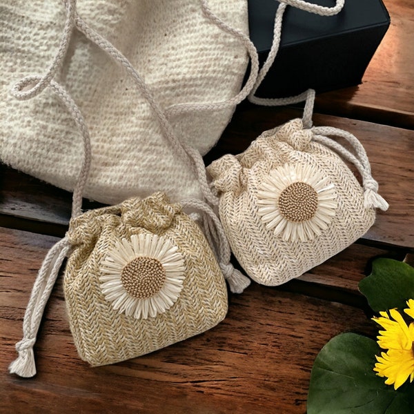 Summer Women's Bag, Summer Beach Straw Bags, Classic Sunflower Drawstring Woven Bucket, Crossbody Bag, Travel Bag, Cute Flower Kids Bag