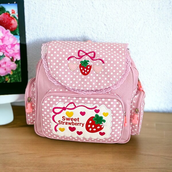 Kids School Bag, Cute Strawberry Embroidery Backpack, Multi-Pocket Fashion Bag, Gift For Teenager Girl, Kids Gifts