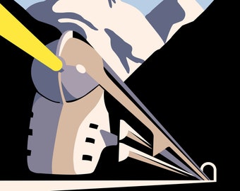 Op de afbeelding: Art Deco-poster met een gestileerde trein met een gele koplamp, tegen een achtergrond van bergen en een lichtblauwe lucht. De tekst "20th Century Limited New York Chicago" wordt weergegeven in een vetgedrukte, vintage lettertype.