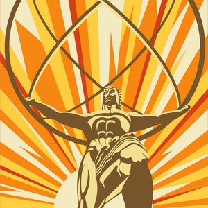 Pode incluir: Ilustração de uma figura musculosa, em tons de castanho e bege, segurando uma grande estrutura circular que se cruza acima da cabeça. O fundo apresenta uma explosão de raios laranja e amarelos, criando uma imagem dinâmica e poderosa.