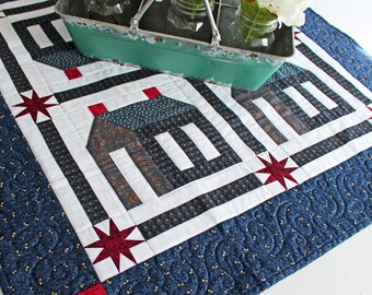 Quilted Table Topper, School House Table Topper, Patchwork Table Topper Quilt, Patriotic Table Topper