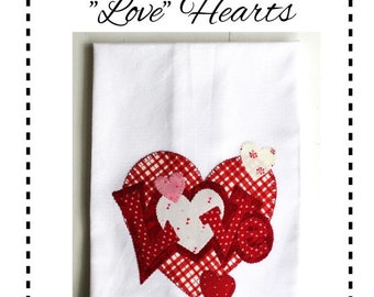 Valentine Tea Towel Pattern, Applique "LOVE" and Hearts, Valentine's Day Applique Pattern, PDF download