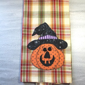 Pumpkin Jack o'Lantern Towel, Halloween Witch Applique Kitchen Towel