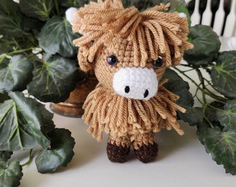 Handmade Light Brown Crochet Highland Cow – Amigurumi Scottish Cow Plush – Soft Farm Animal Toy