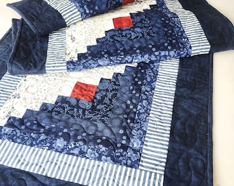 Handmade Navy Blue Log Cabin Table Runner: Quilted Table Decor
