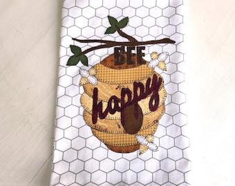 Kitchen Towel, Beehive Applique, Bee Happy Towel, Appliqued