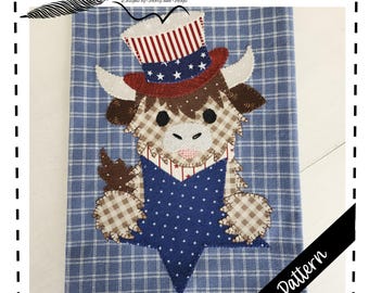 Uncle Sam Highland Cow Applique Pattern, Digital Download