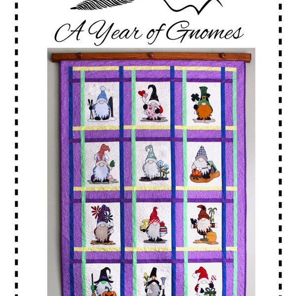 A Year of Gnomes Pieced and Appliqued 45" X 67 1/2" Quilt Pattern, Downloadable PDF, January thru December Appliques