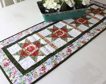 Quilted Rose Table Runner, Pieced Stars Topper, Patchwork Quilt 16" X 46",  Everyday decor