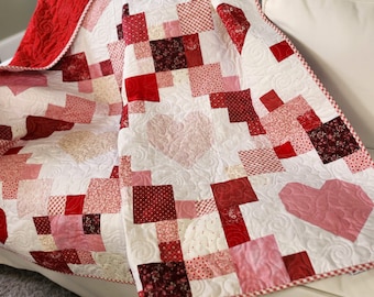 Handmade Heart Patchwork Quilt | Red & Pink Valentine Quilt | Small Twin or Cozy Throw