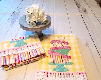 Birthday Cup Cake Appliqued Kitchen Towel
