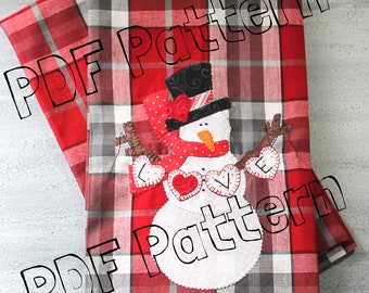 Valentine's Day Pattern, Snowman Pattern, Valentine's Snowman Pattern, Tea Towel Applique