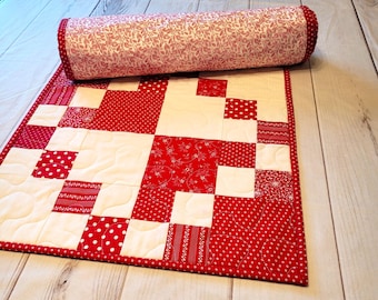 Red White Patchwork Quilted Table Runner, Christmas